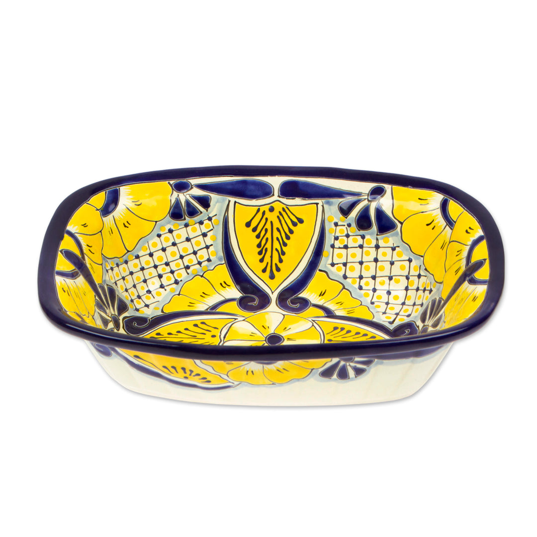 Mexican Talavera Style Ceramic Serving Bowl with Flowers - Yellow Blooms