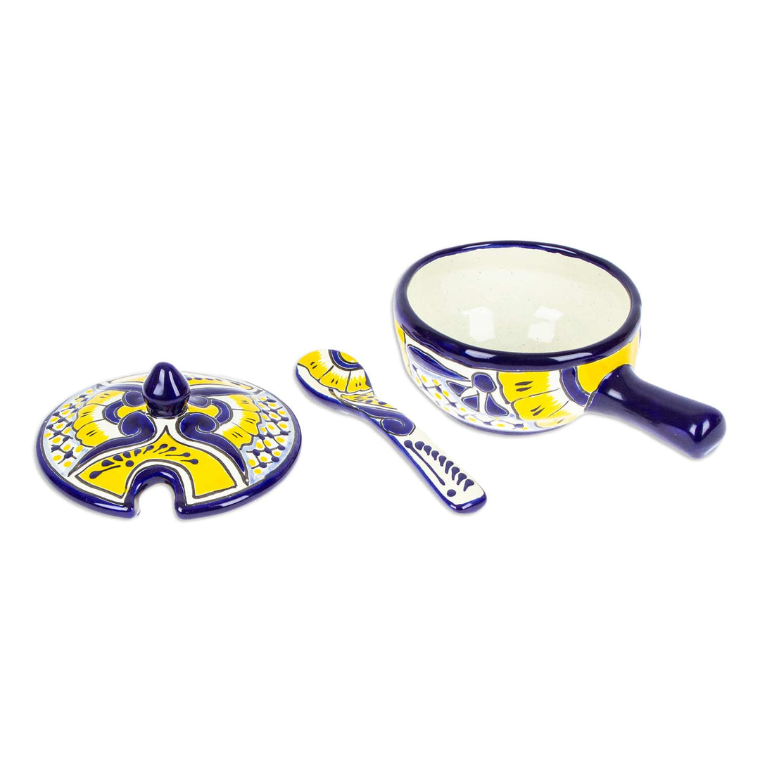 Mexican Talavera Style 3-Piece Ceramic Floral Salsa Bowl - Yellow Blooms