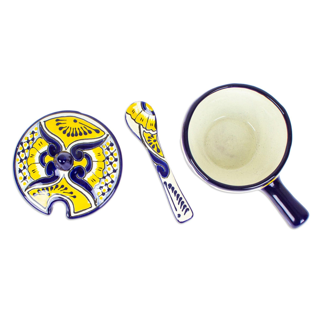 Mexican Talavera Style 3-Piece Ceramic Floral Salsa Bowl - Yellow Blooms