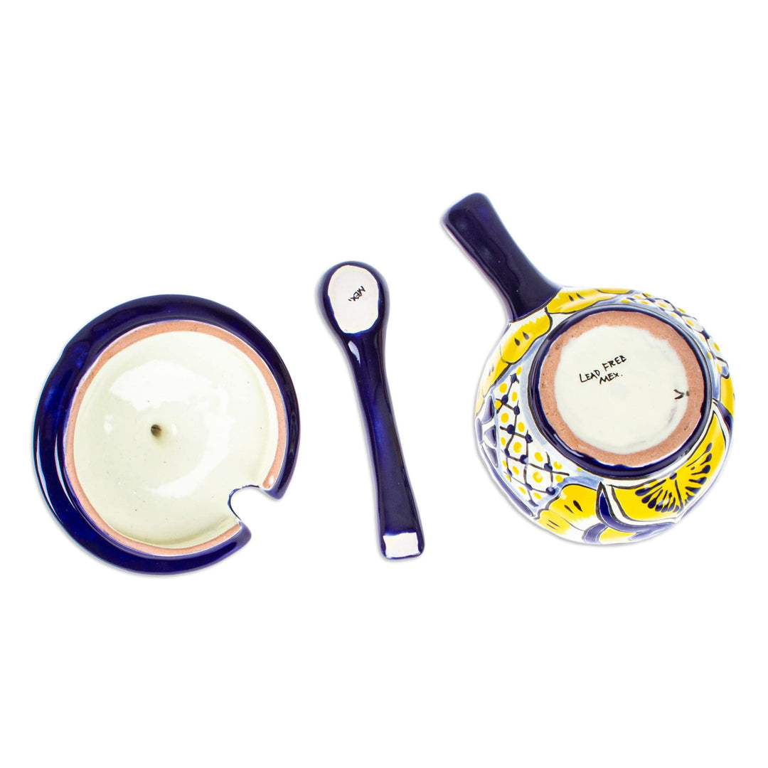 Mexican Talavera Style 3-Piece Ceramic Floral Salsa Bowl - Yellow Blooms
