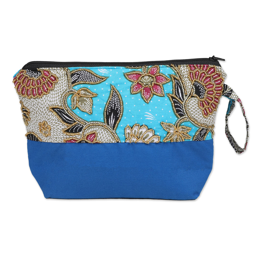 Embroidered Cotton Cosmetic Bag in Blue with Batik Motif - Blue Blooming