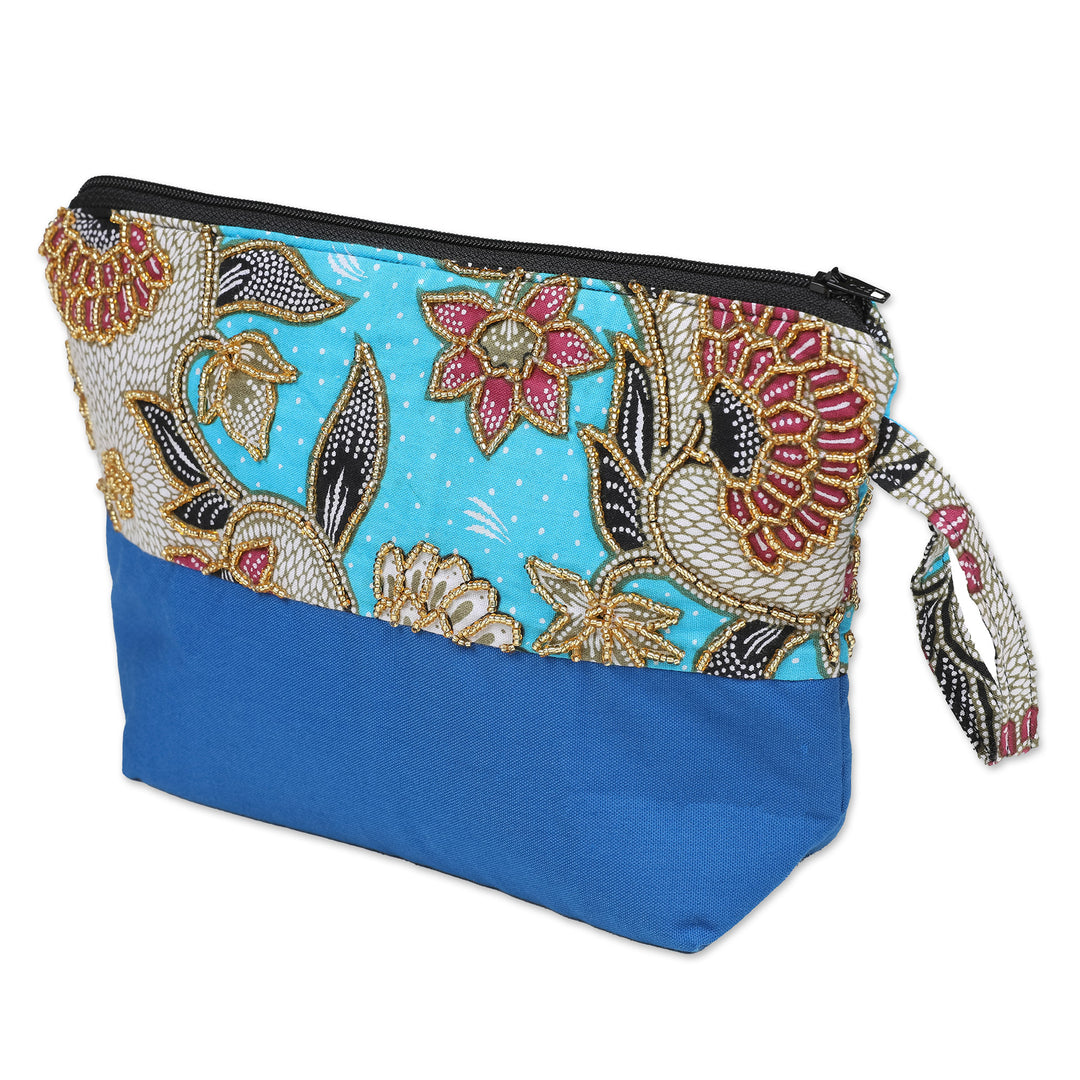 Embroidered Cotton Cosmetic Bag in Blue with Batik Motif - Blue Blooming