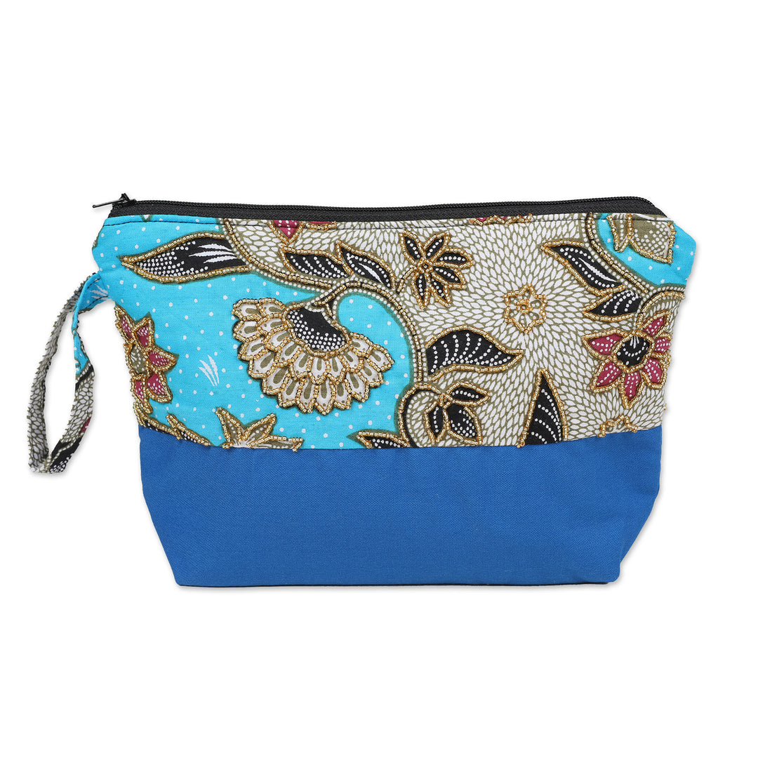 Embroidered Cotton Cosmetic Bag in Blue with Batik Motif - Blue Blooming