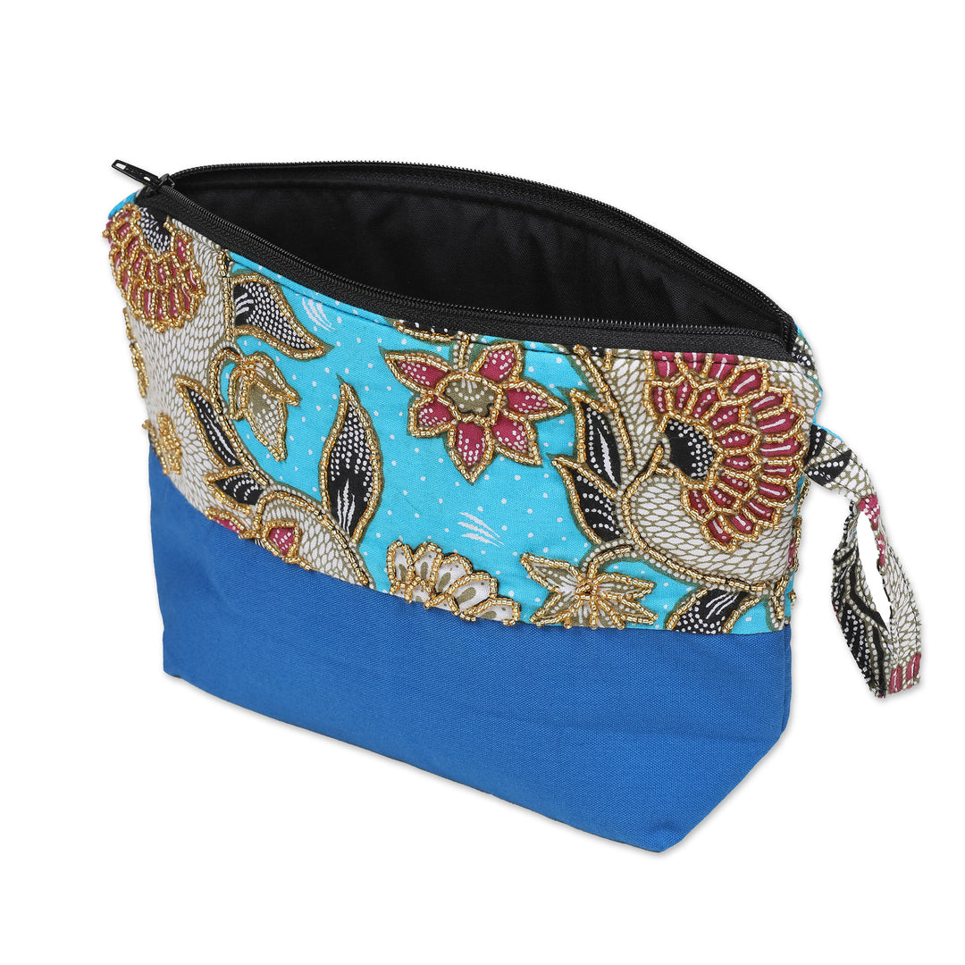 Embroidered Cotton Cosmetic Bag in Blue with Batik Motif - Blue Blooming