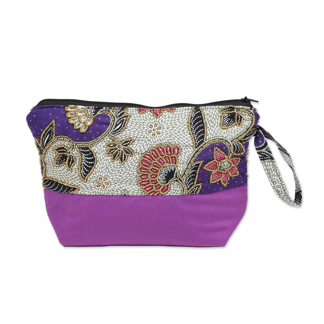 Embroidered Cotton Cosmetic Bag in Purple with Batik Motif - Purple Blooming