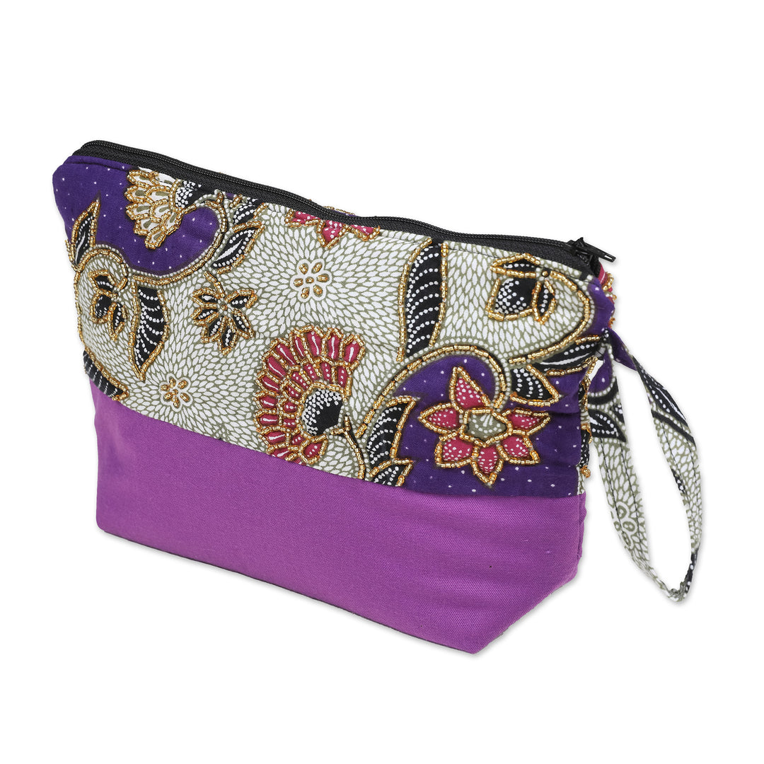 Embroidered Cotton Cosmetic Bag in Purple with Batik Motif - Purple Blooming