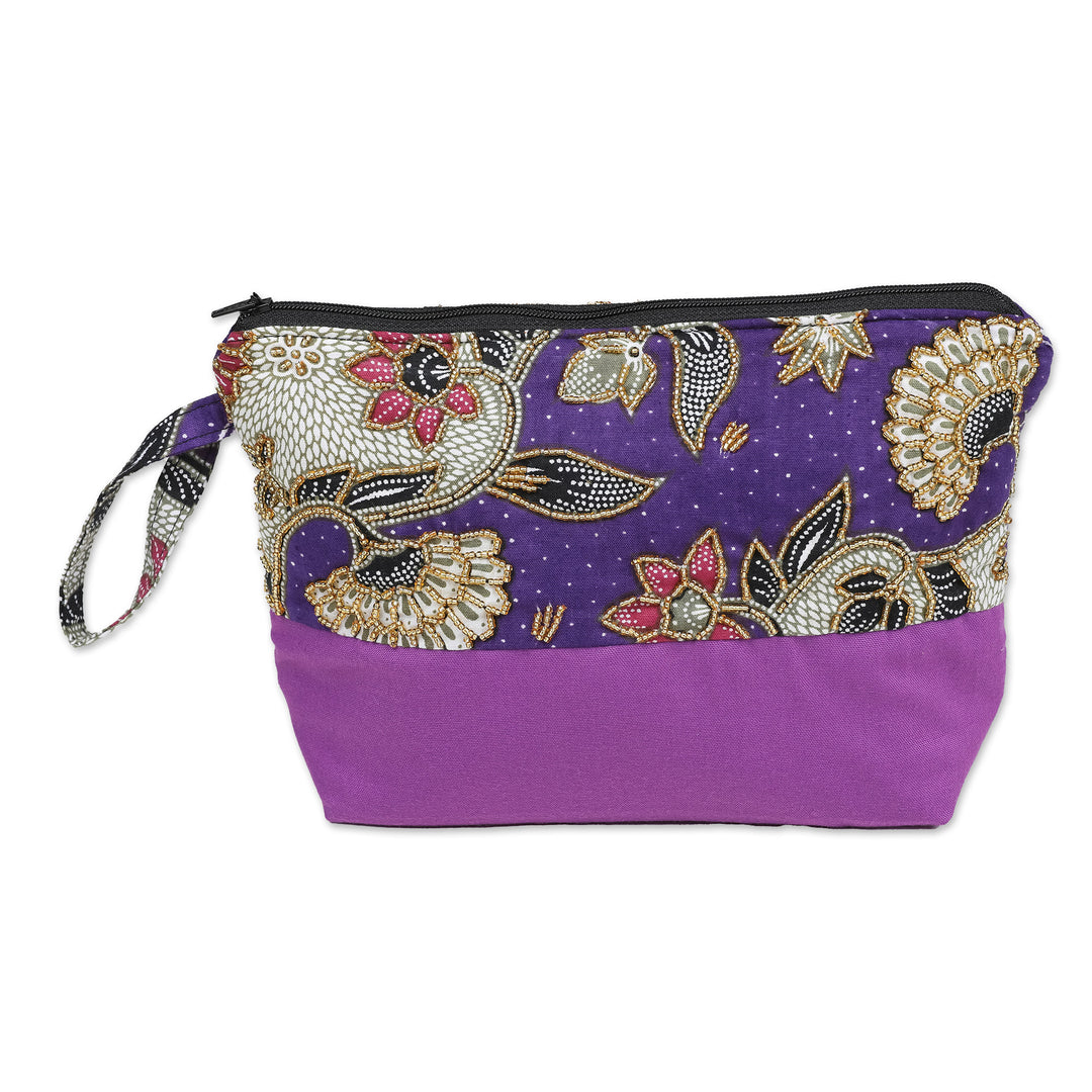 Embroidered Cotton Cosmetic Bag in Purple with Batik Motif - Purple Blooming