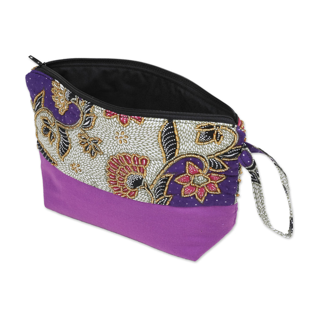 Embroidered Cotton Cosmetic Bag in Purple with Batik Motif - Purple Blooming