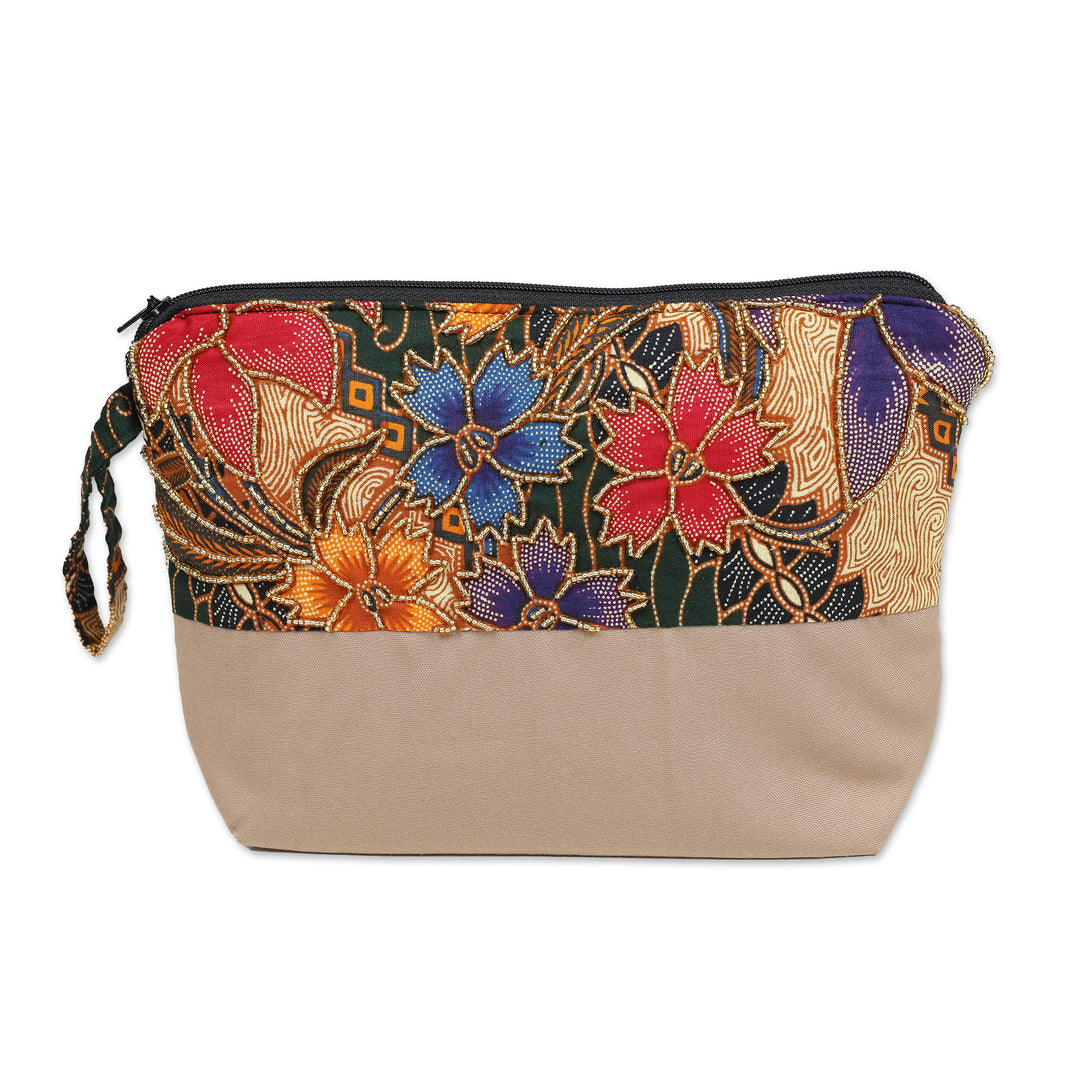 Embroidered Cotton Cosmetic Bag in Brown with Batik Motif - Brown Blooming