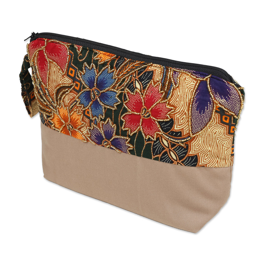 Embroidered Cotton Cosmetic Bag in Brown with Batik Motif - Brown Blooming