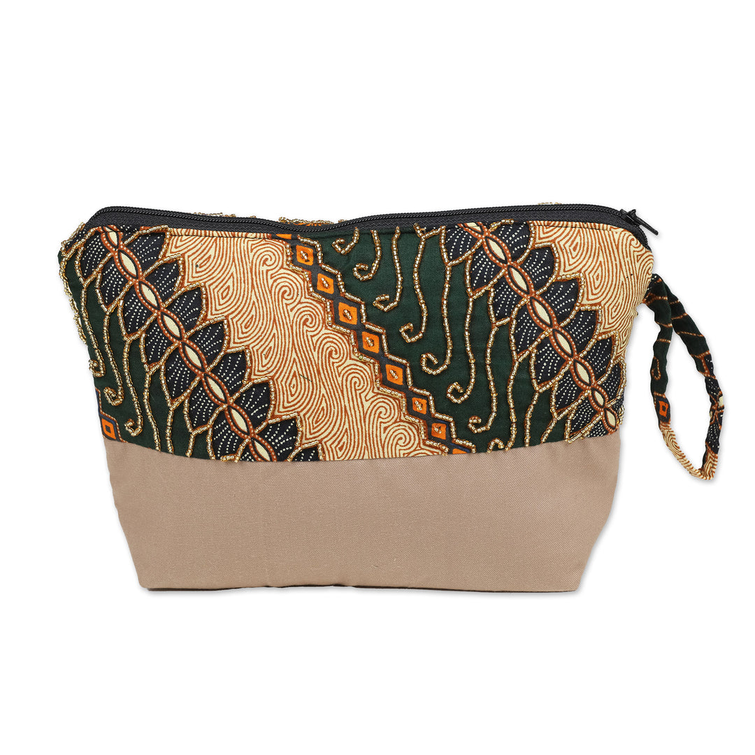 Embroidered Cotton Cosmetic Bag in Brown with Batik Motif - Brown Blooming