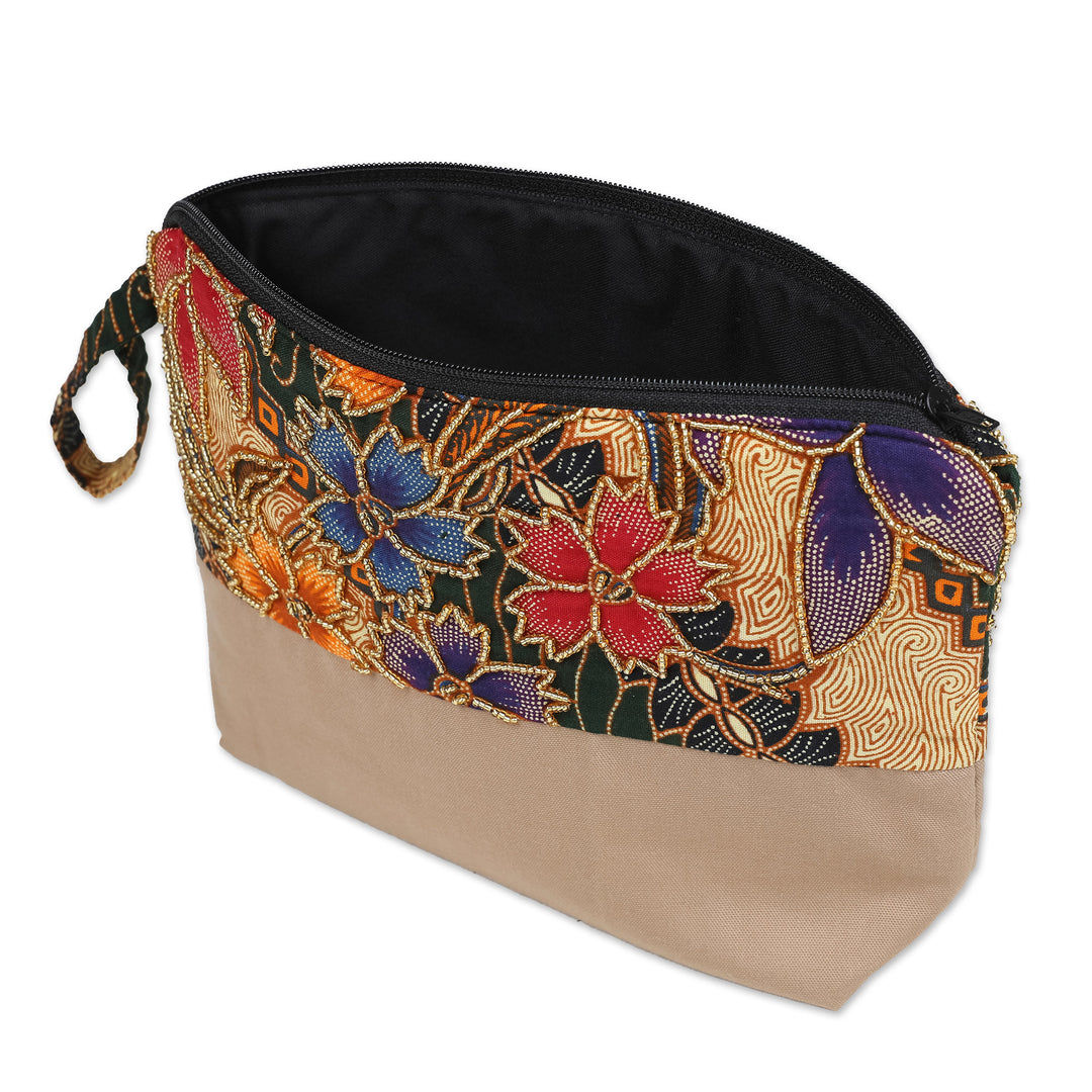 Embroidered Cotton Cosmetic Bag in Brown with Batik Motif - Brown Blooming