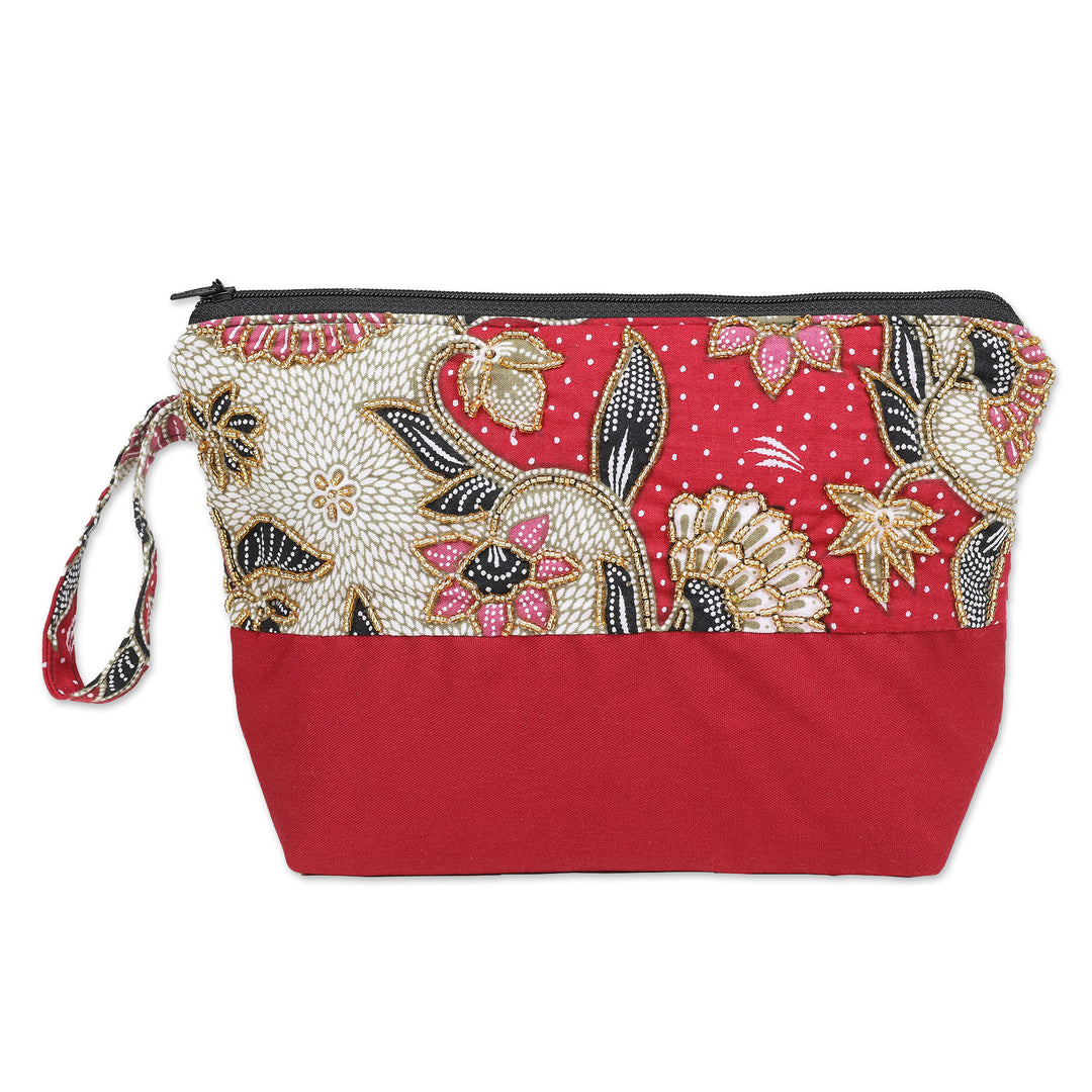 Embroidered Cotton Cosmetic Bag in Red with Batik Motif - Red Blooming