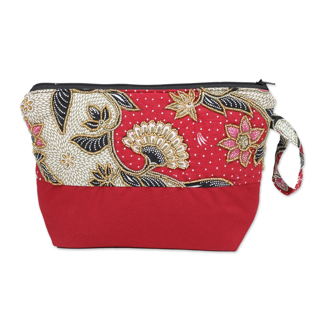 Embroidered Cotton Cosmetic Bag in Red with Batik Motif - Red Blooming