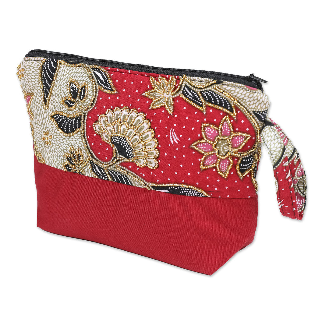 Embroidered Cotton Cosmetic Bag in Red with Batik Motif - Red Blooming