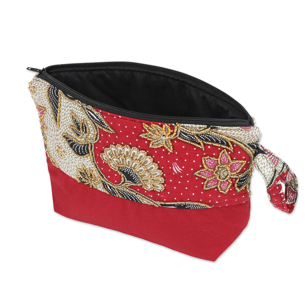 Embroidered Cotton Cosmetic Bag in Red with Batik Motif - Red Blooming