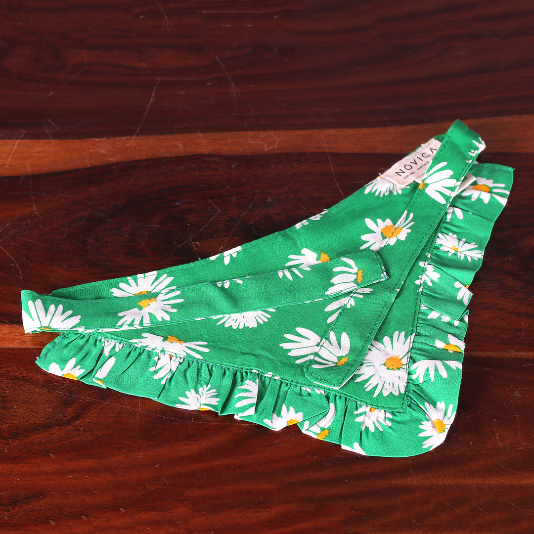 Cotton Dog Bandana with Daisy Pattern on Green Background - Lively Blossoms