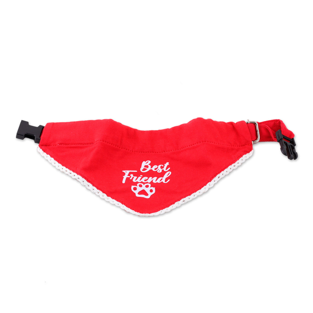 Adjustable Cotton Pet Bandana in Red & White with Lace Trim - Best Friend