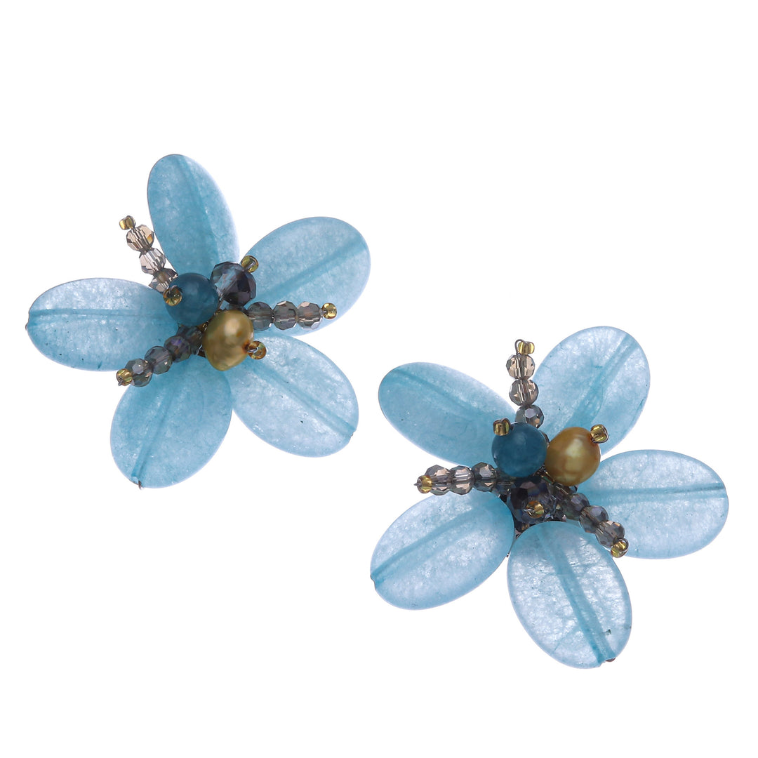 Floral Quartz and Cultured Pearl Clip-On Earrings in Blue - Ice Spring