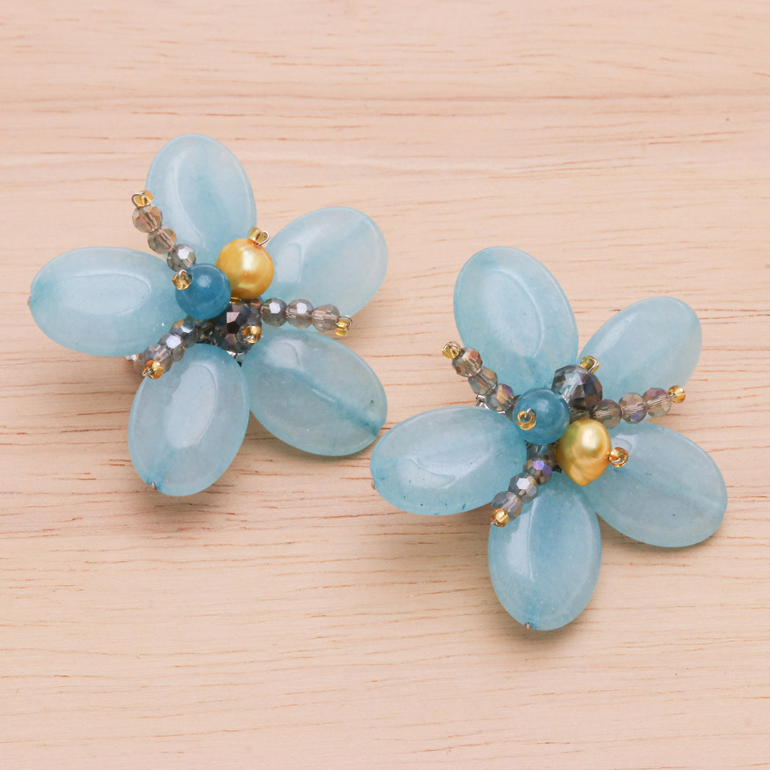 Floral Quartz and Cultured Pearl Clip-On Earrings in Blue - Ice Spring