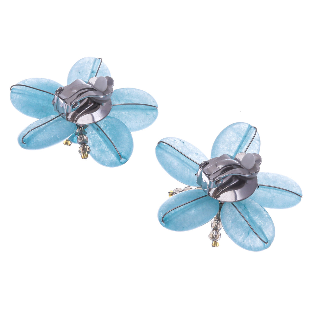 Floral Quartz and Cultured Pearl Clip-On Earrings in Blue - Ice Spring