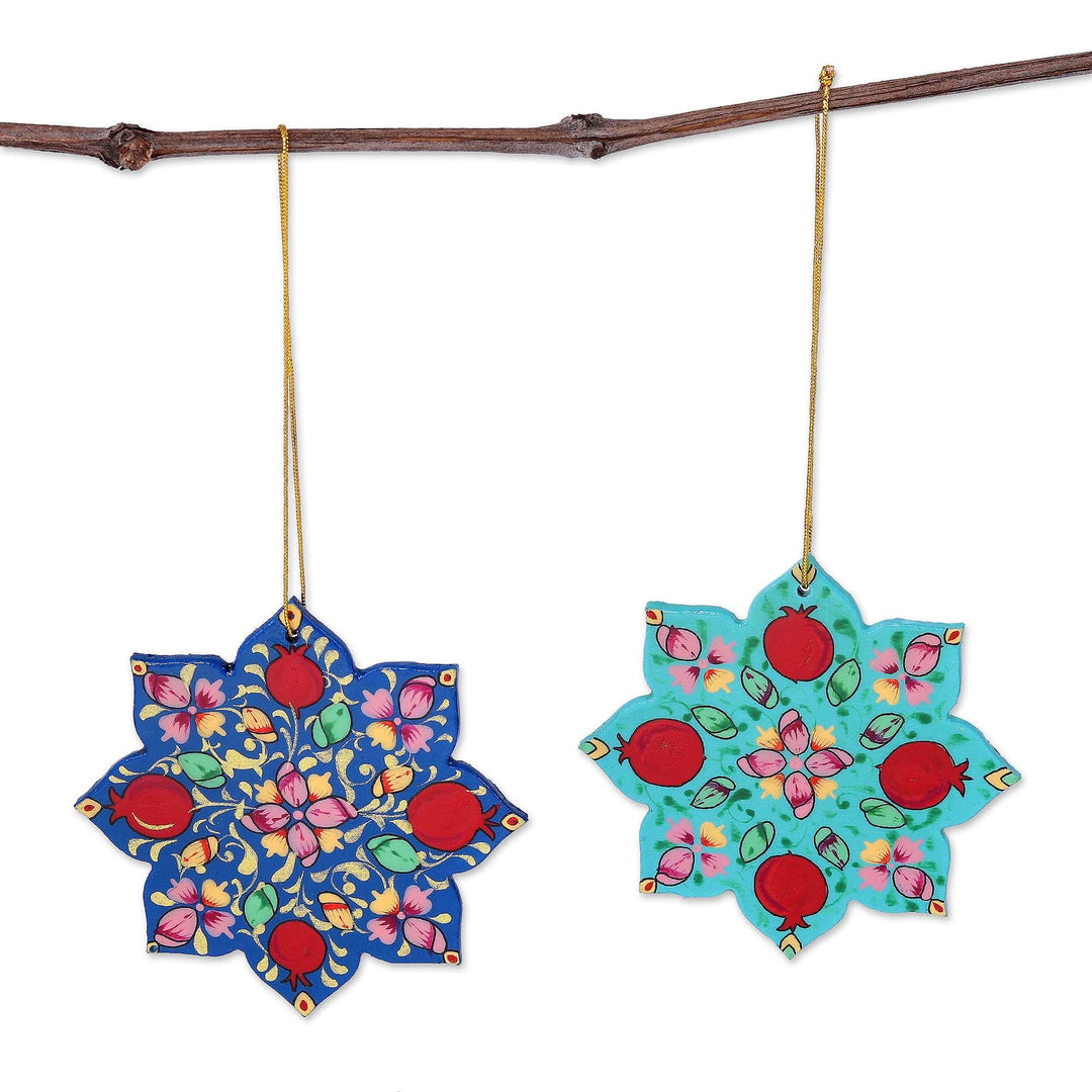 Pair of Lacquered Wood Star Ornaments Handmade in Uzbekistan - Splendid Stars
