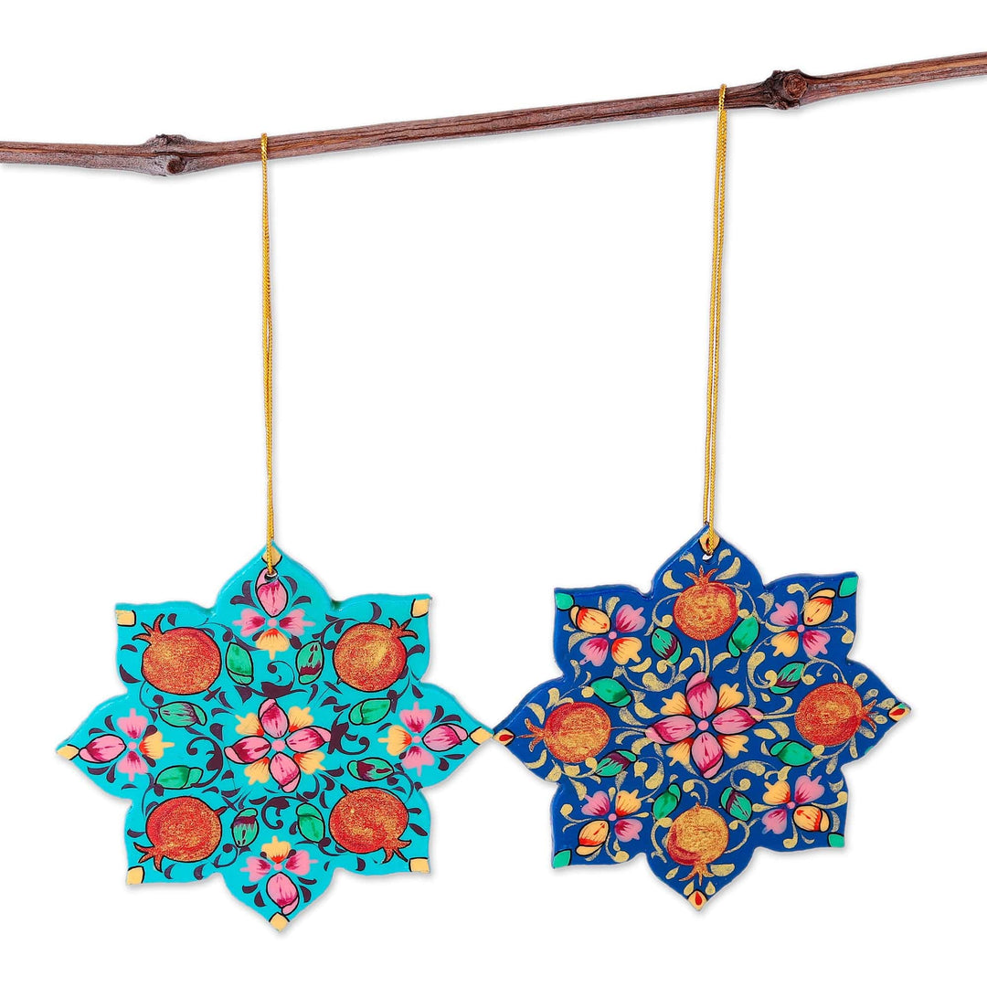 2 Lacquered Wood Star Ornaments Hand-Crafted in Uzbekistan - Stunning Stars