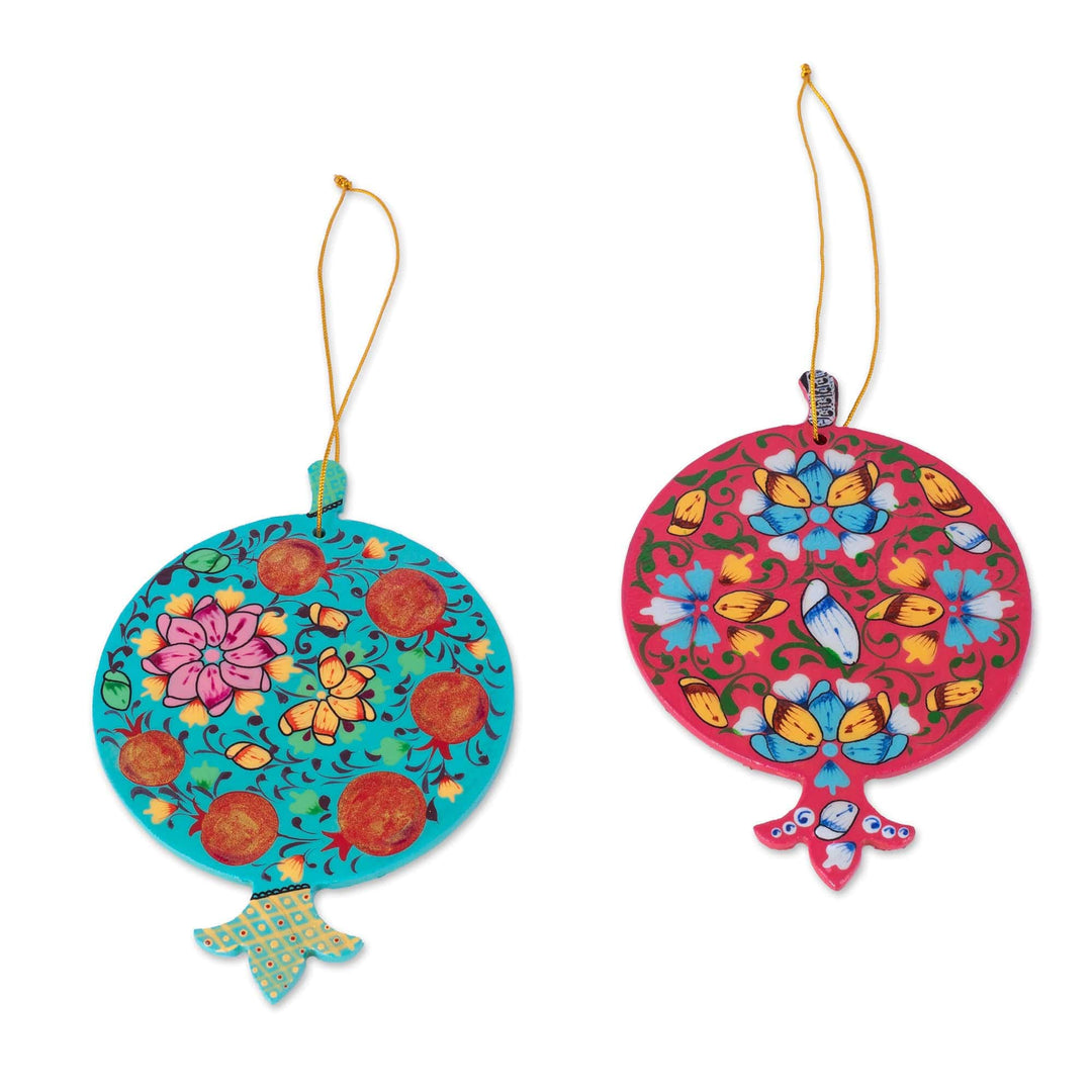 Pair of Lacquered Wood Pomegranate Ornaments from Uzbekistan - Splendid Pomegranates