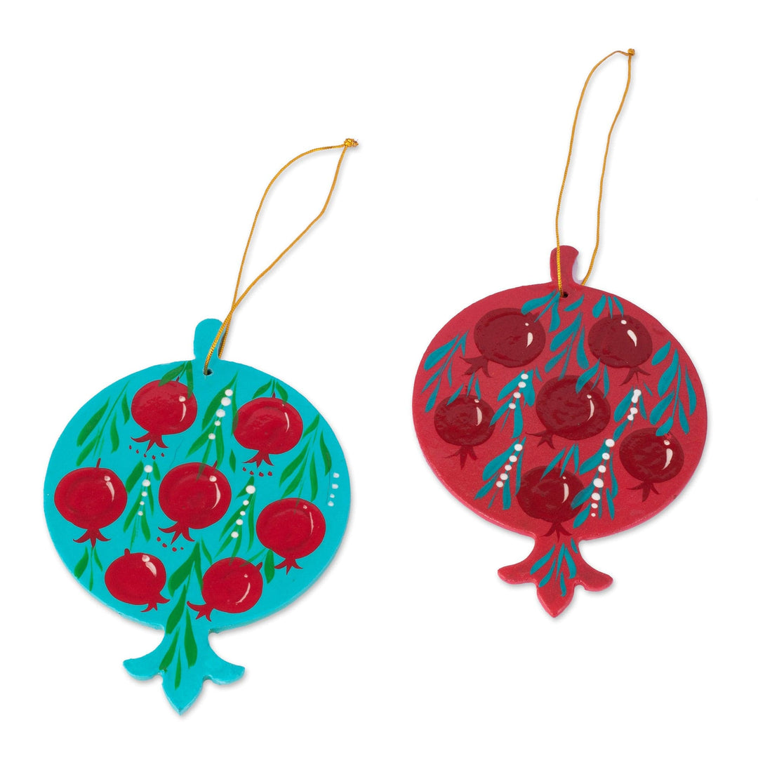 Pair of Lacquered Wood Pomegranate Ornaments from Uzbekistan - Splendid Pomegranates
