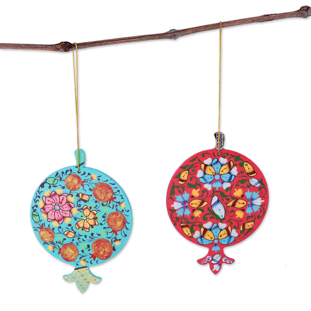 Pair of Lacquered Wood Pomegranate Ornaments from Uzbekistan - Splendid Pomegranates