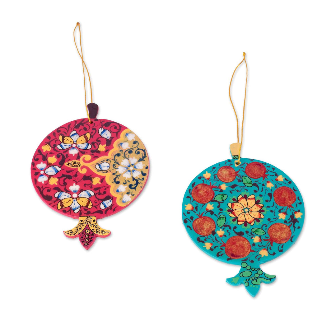 2 Lacquered Wood Pomegranate Ornaments Made in Uzbekistan - Stunning Pomegranates