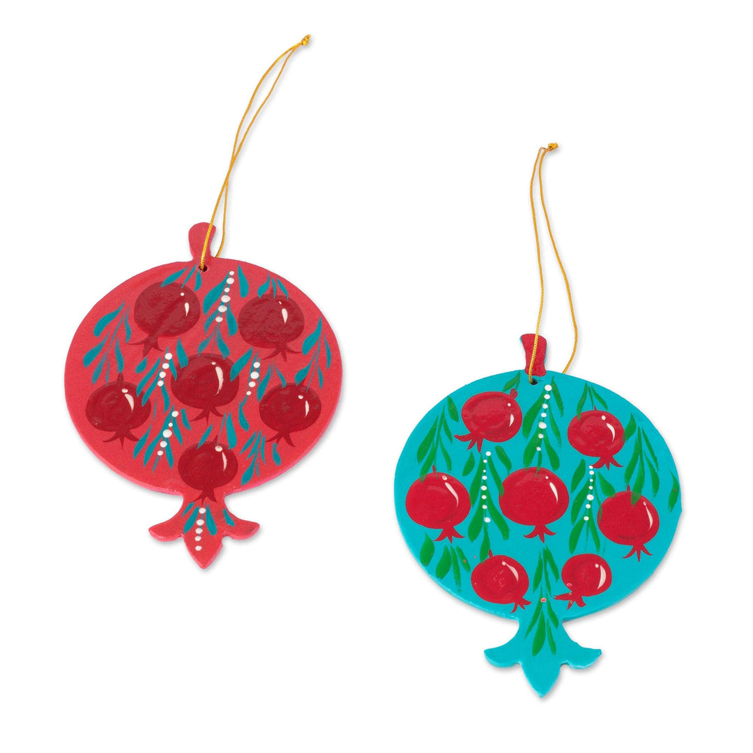 2 Lacquered Wood Pomegranate Ornaments Made in Uzbekistan - Stunning Pomegranates