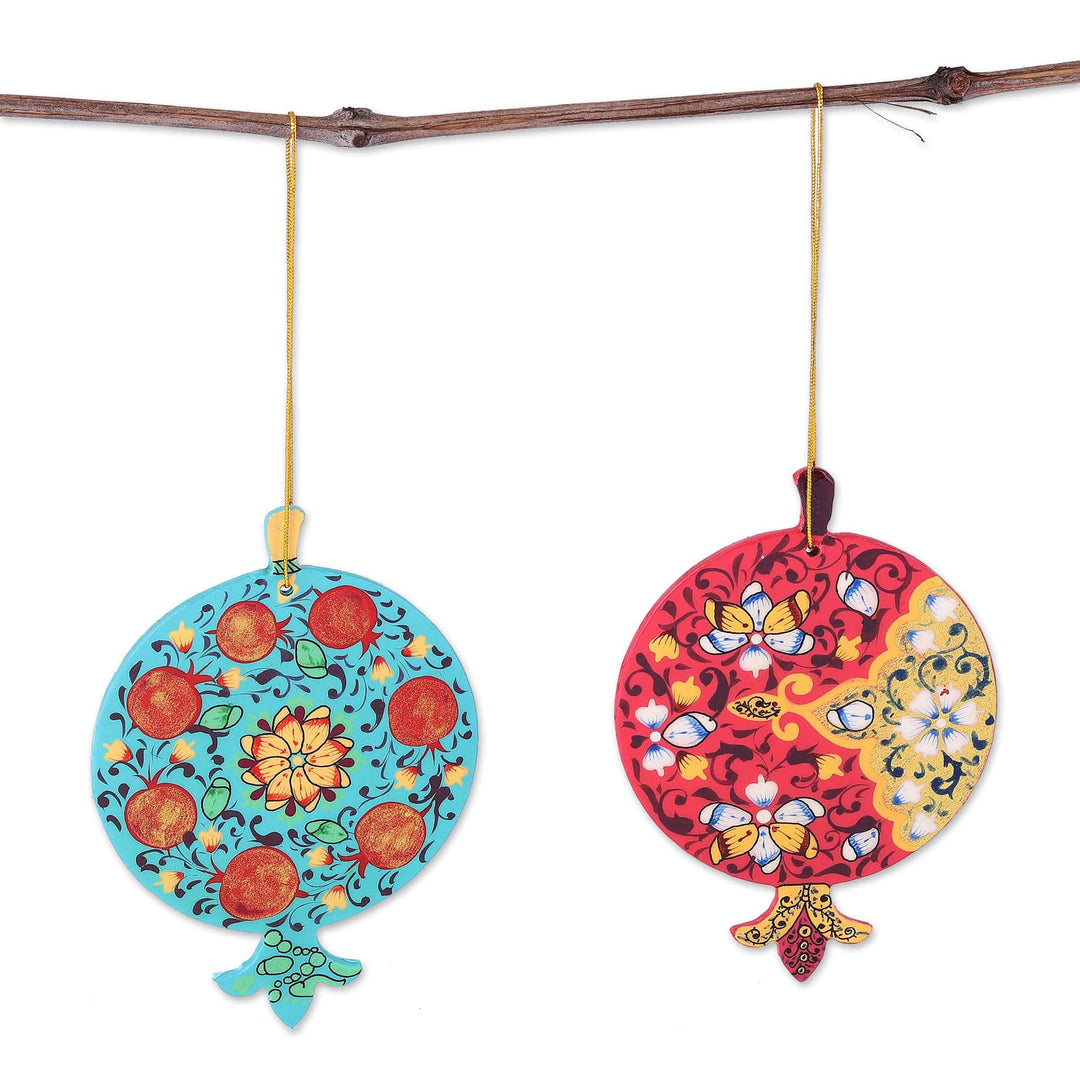 2 Lacquered Wood Pomegranate Ornaments Made in Uzbekistan - Stunning Pomegranates