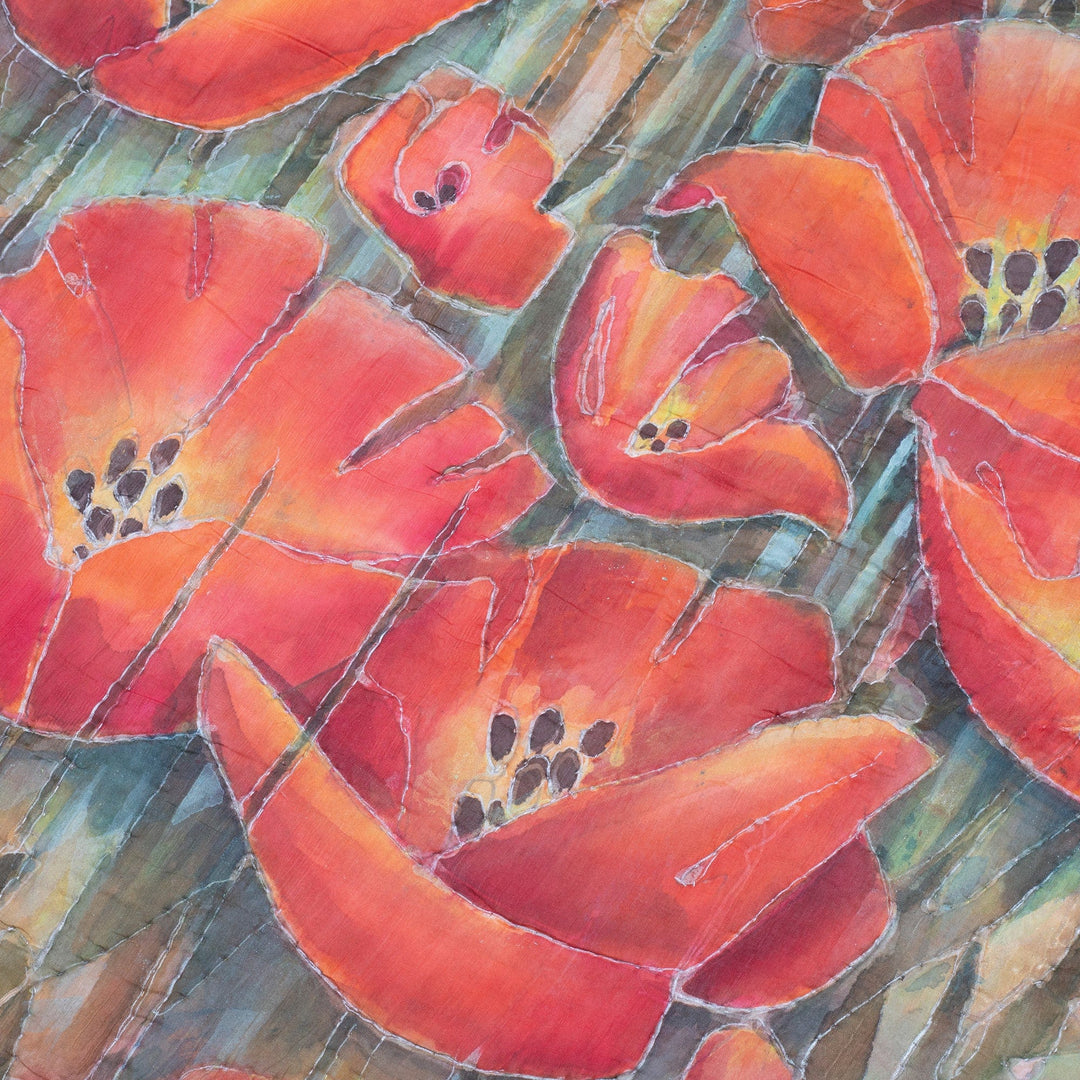 Hand-Painted Poppy-Themed Wall Hanging in Orange Hues - Poppy Field