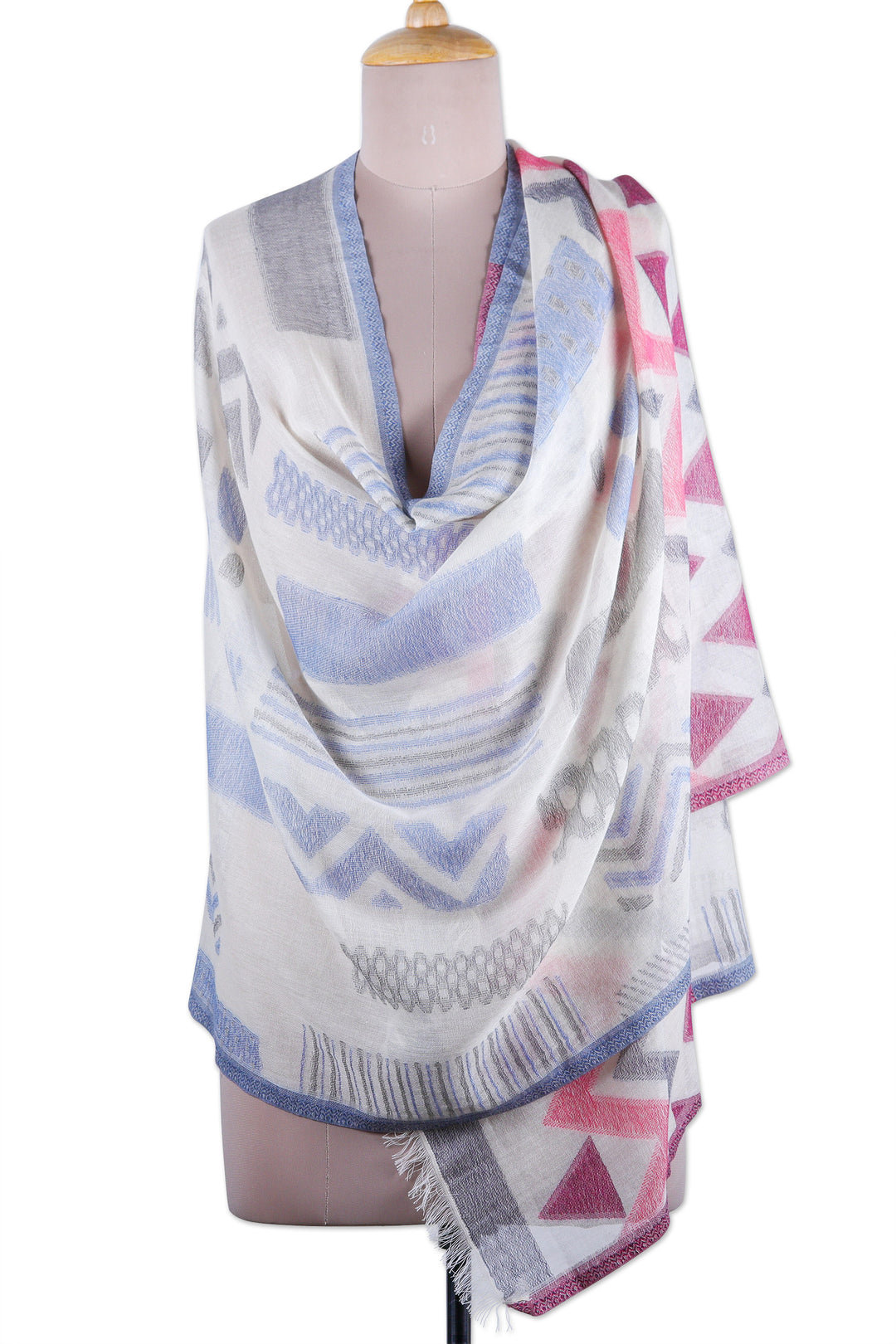 Handloomed Geometric Cotton Shawl in Carmine and Mauve Hues - Carmine Opulence