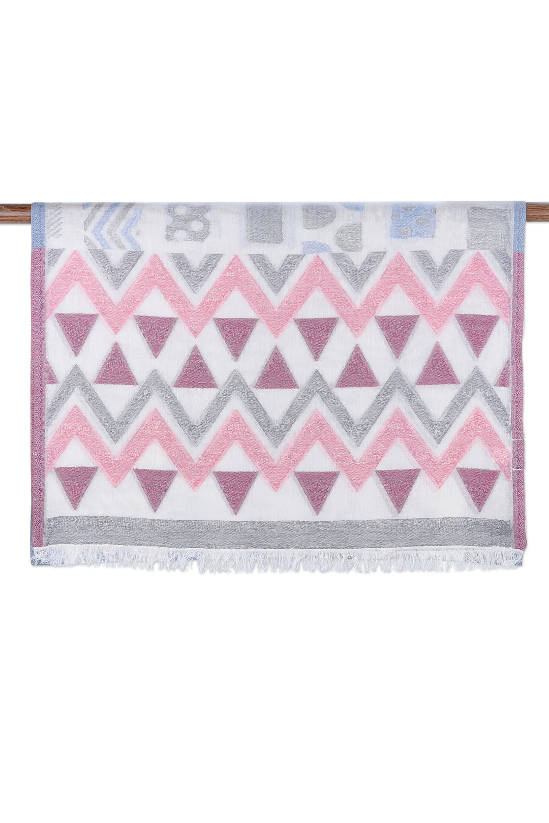 Handloomed Geometric Cotton Shawl in Carmine and Mauve Hues - Carmine Opulence