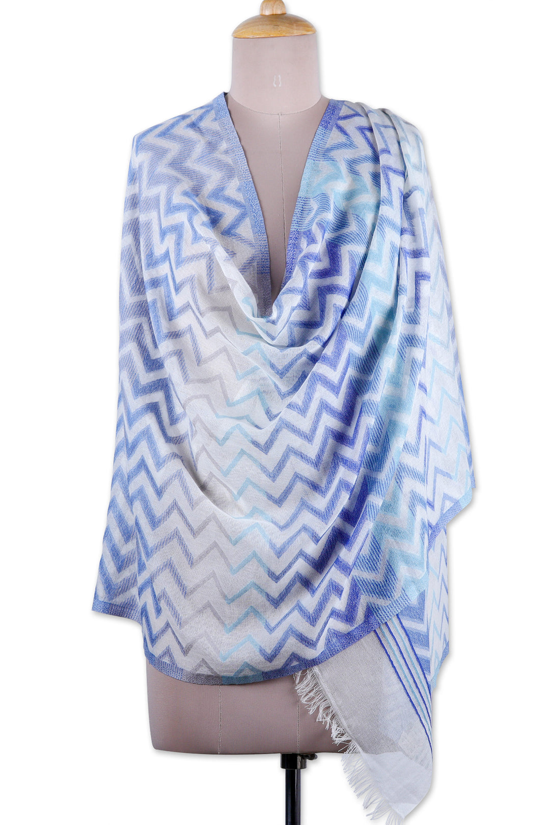 Chevron-Patterned Handwoven Iris and Periwinkle Cotton Shawl - Iris Tide