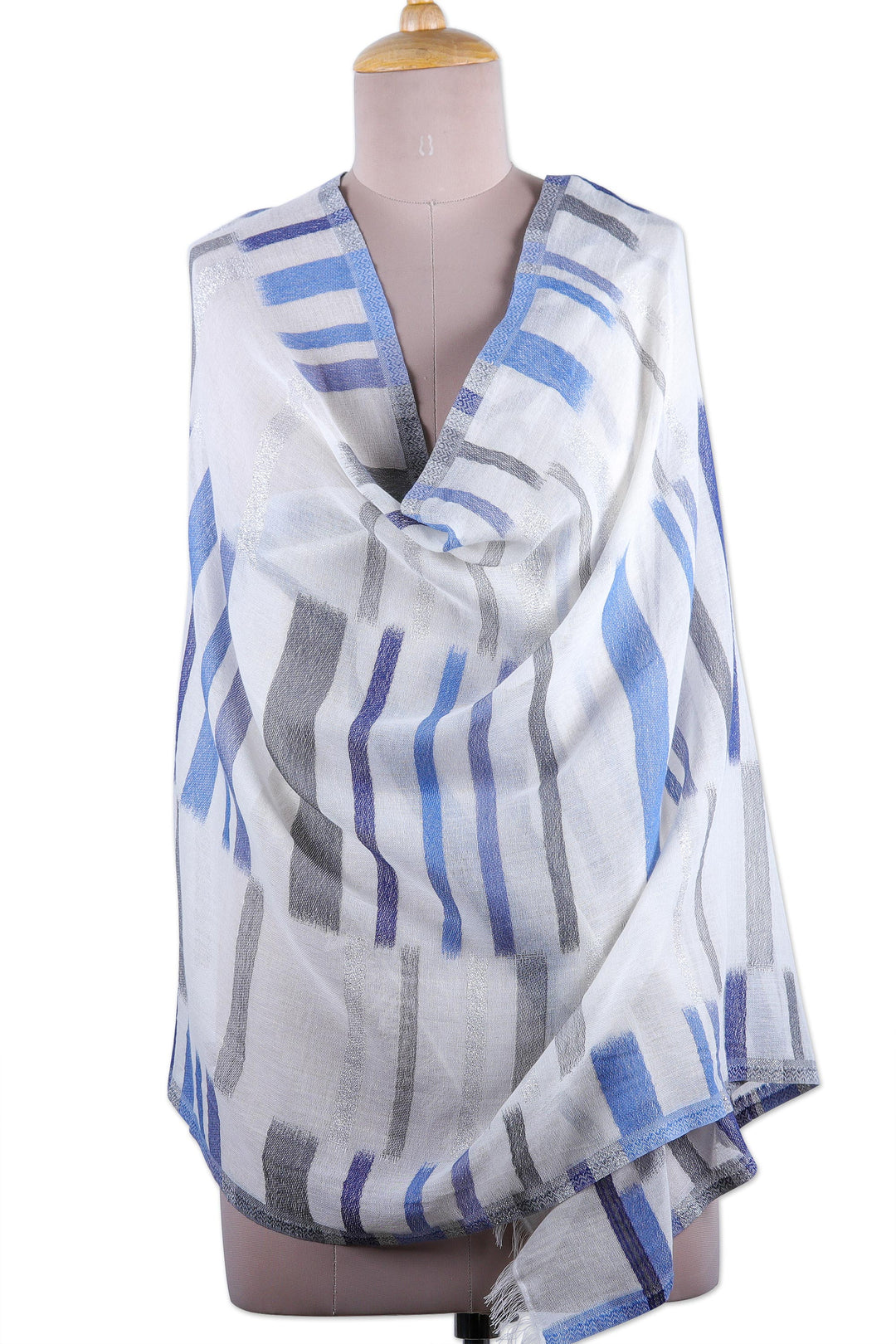 Handloomed Cotton Shawl with Blue and Grey Pattern - Sea Passages