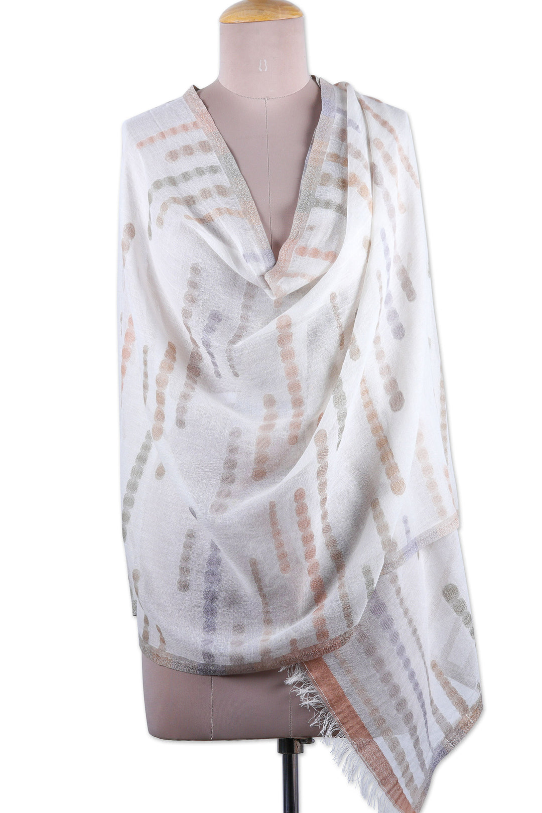 Handloomed Grey and Beige Cotton Shawl with Ivory Base Hue - Beige Shadows