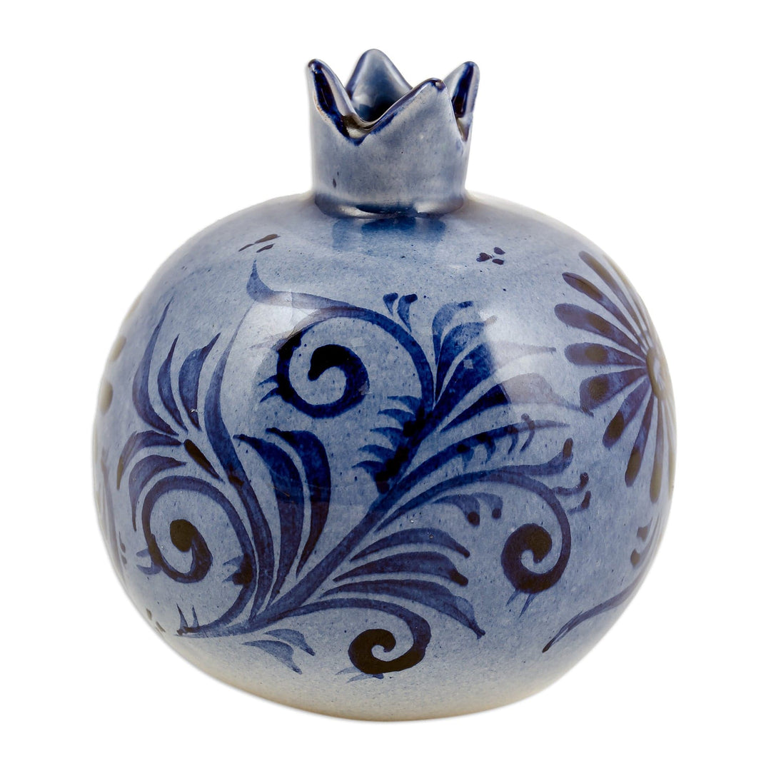 Uzbek Hand-Painted Blue Pomegranate-Shaped Ceramic Sculpture - Blue Pomegranate