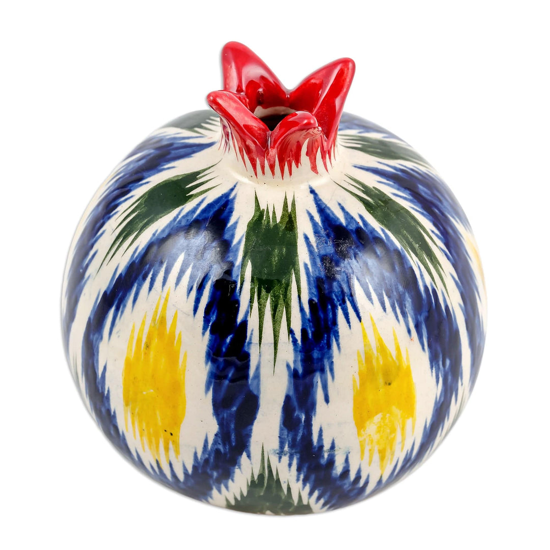 Hand-Painted Ceramic Pomegranate Sculpture with Ikat Motif - Colorful Pomegranate