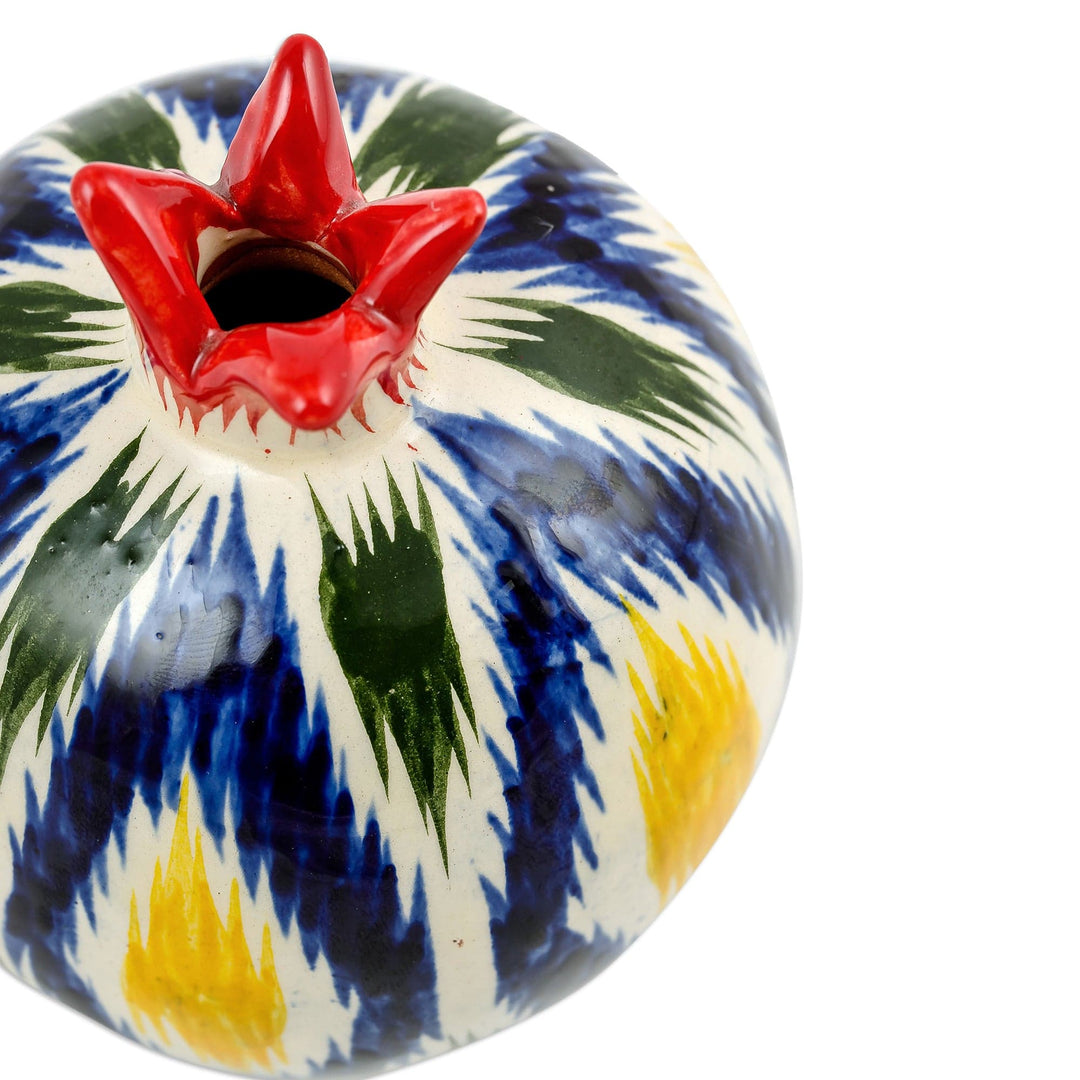 Hand-Painted Ceramic Pomegranate Sculpture with Ikat Motif - Colorful Pomegranate