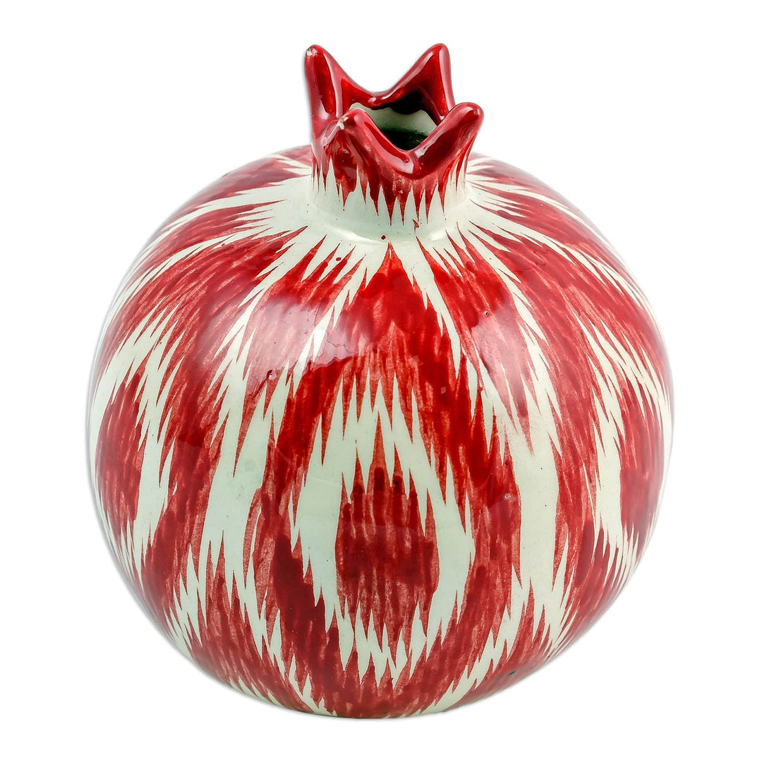 Red Hand-Painted Ikat-Themed Ceramic Pomegranate Sculpture - Red Pomegranate