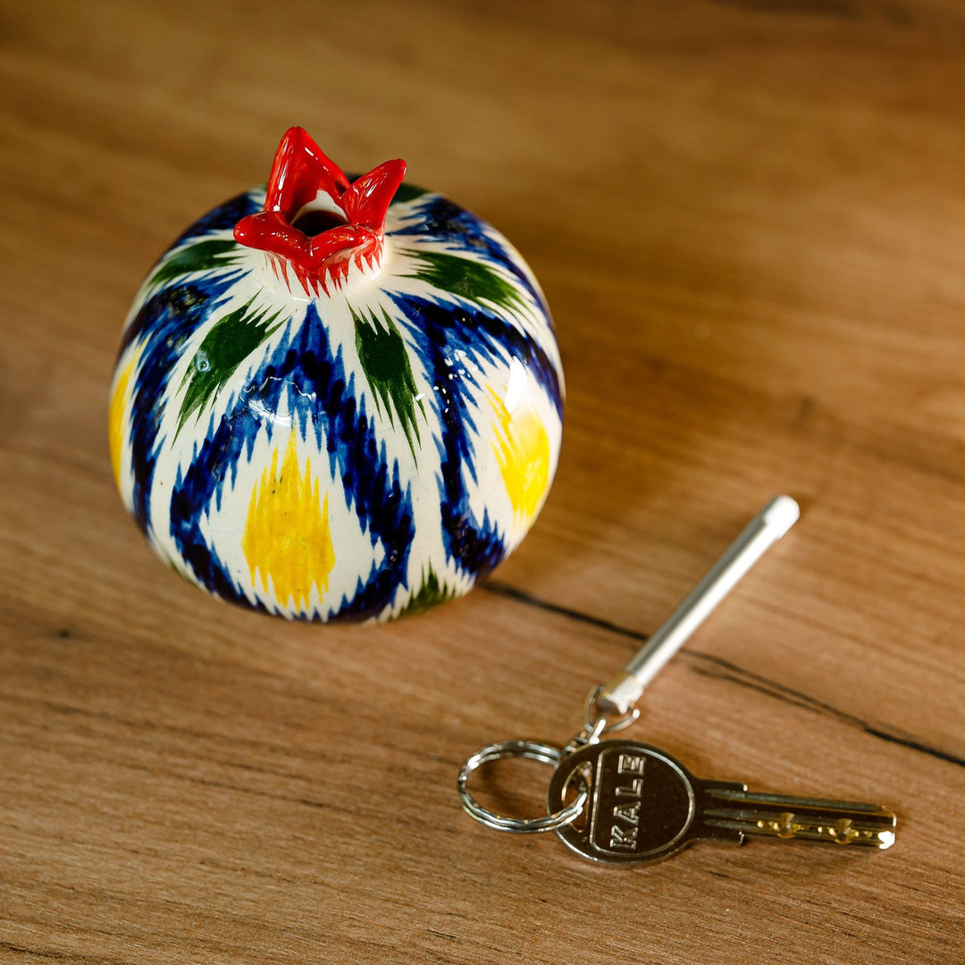 Red Hand-Painted Ikat-Themed Ceramic Pomegranate Sculpture - Red Pomegranate