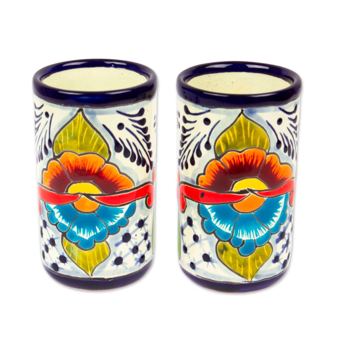 Pair of Talavera Painted Ceramic Tumblers in Warm Hues - Marvelous Flowers