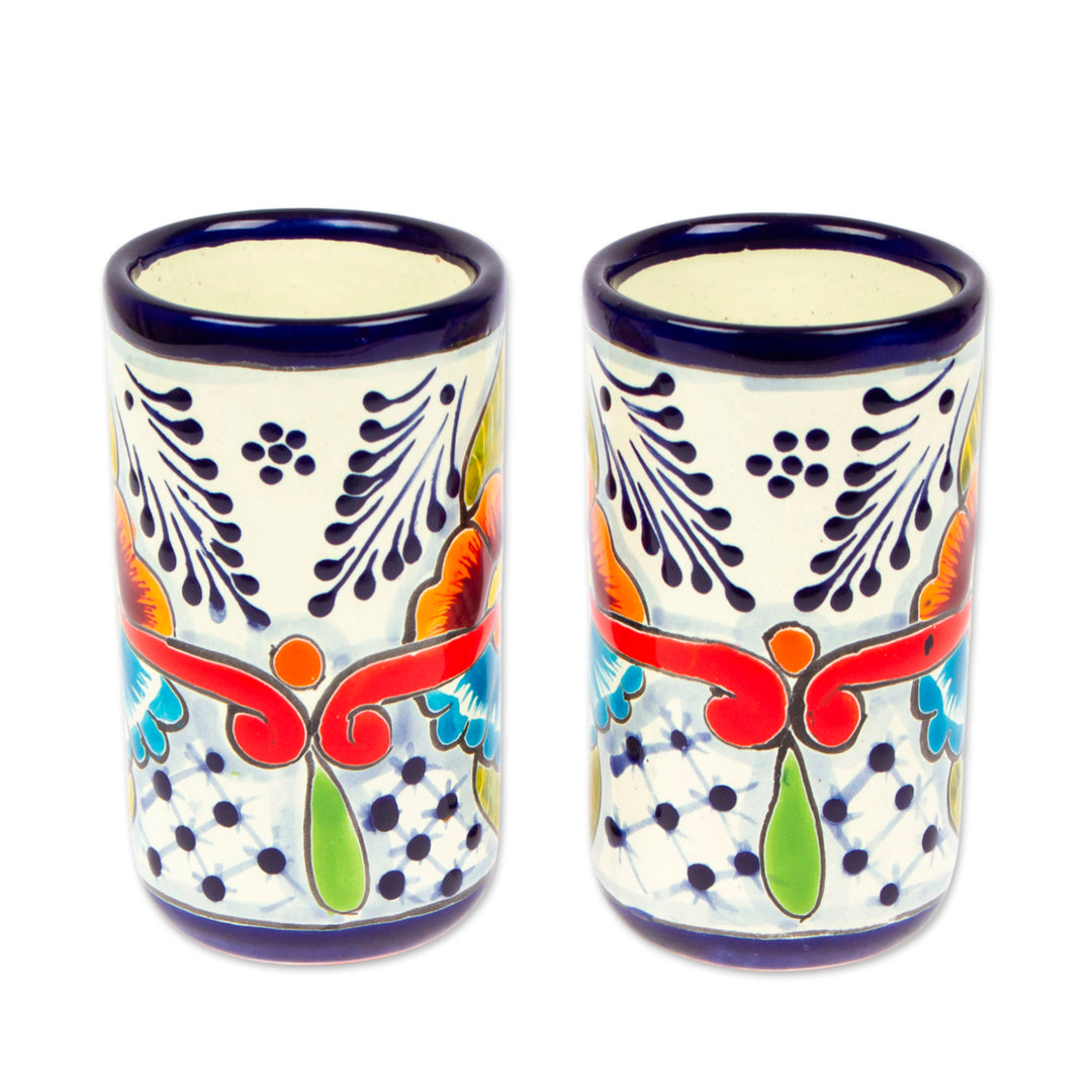 Pair of Talavera Painted Ceramic Tumblers in Warm Hues - Marvelous Flowers
