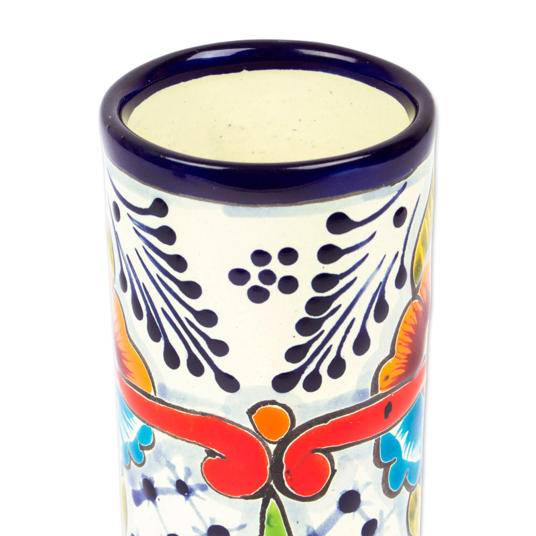 Pair of Talavera Painted Ceramic Tumblers in Warm Hues - Marvelous Flowers