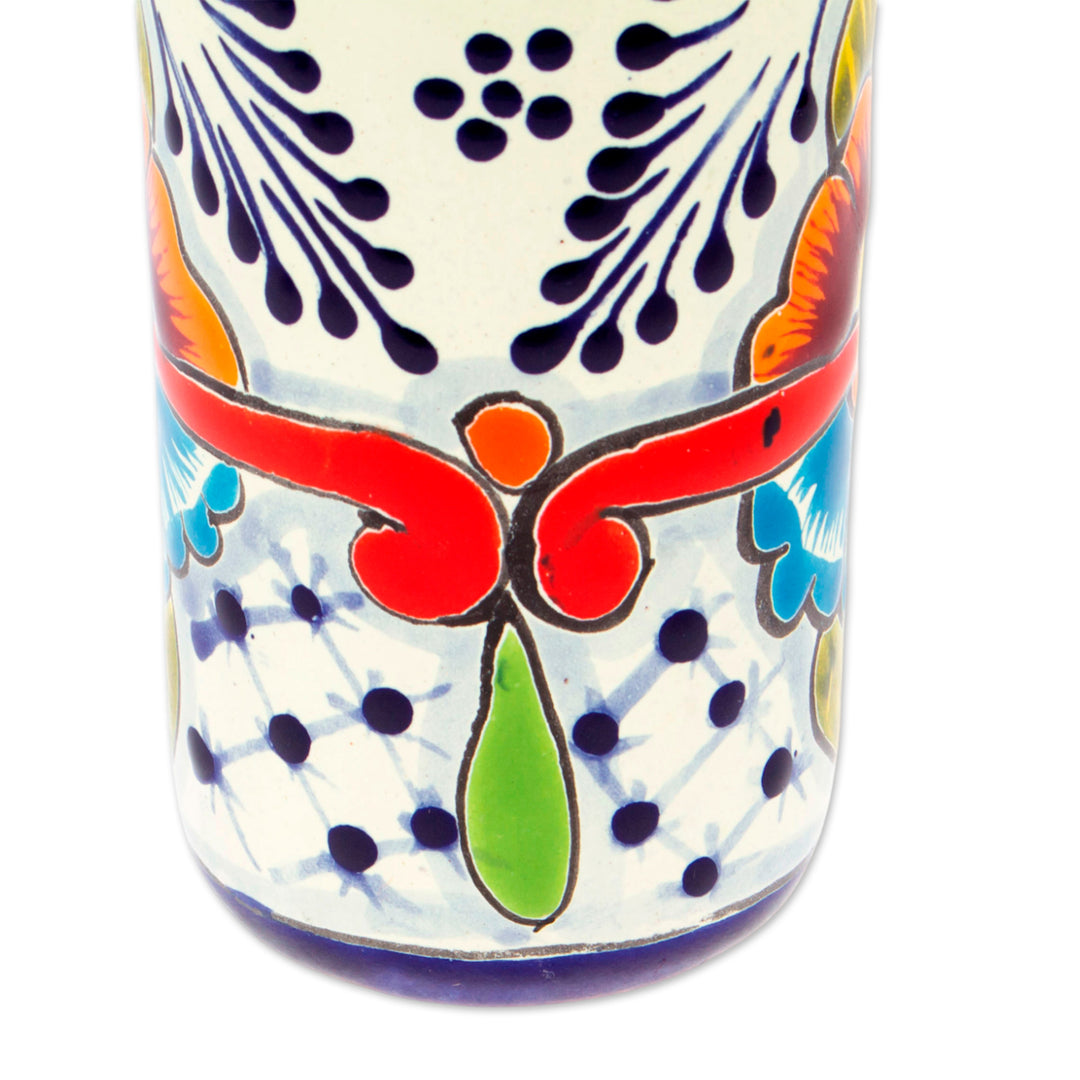 Pair of Talavera Painted Ceramic Tumblers in Warm Hues - Marvelous Flowers