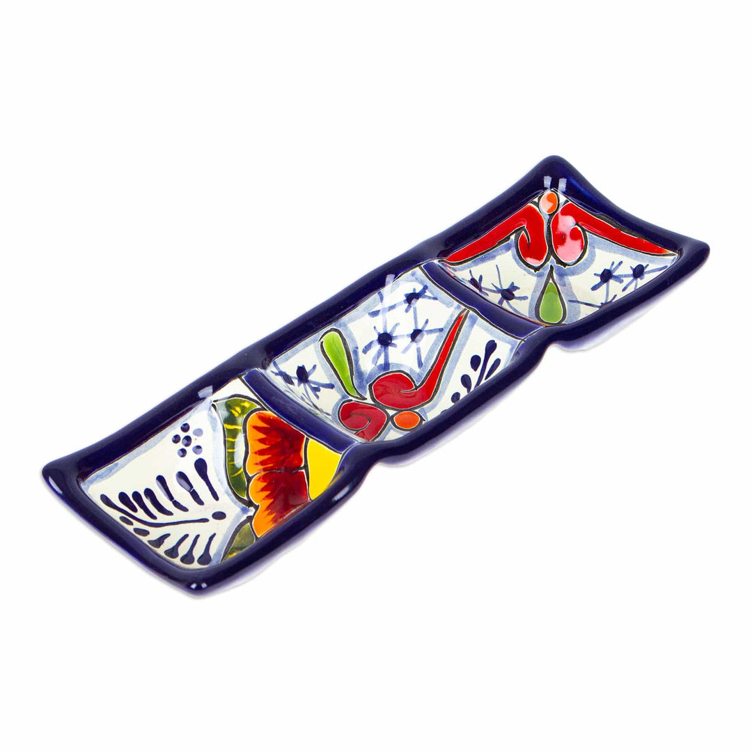 Talavera Blue and Red Ceramic Triple Condiment Dish - Marvelous Flowers