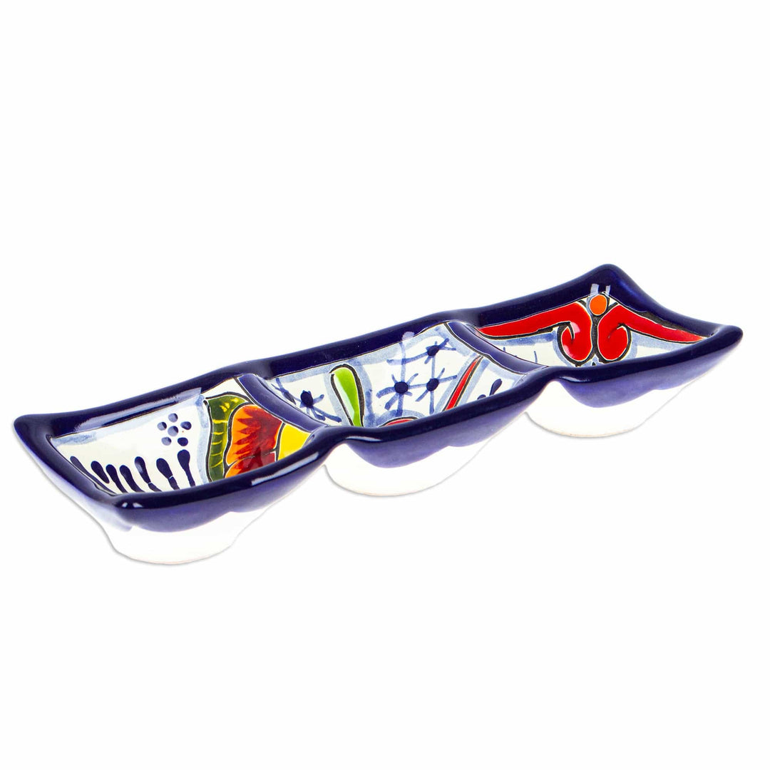 Talavera Blue and Red Ceramic Triple Condiment Dish - Marvelous Flowers